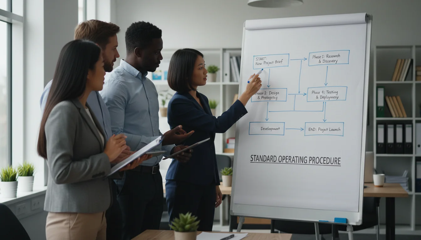 Team reviewing SOP flowchart