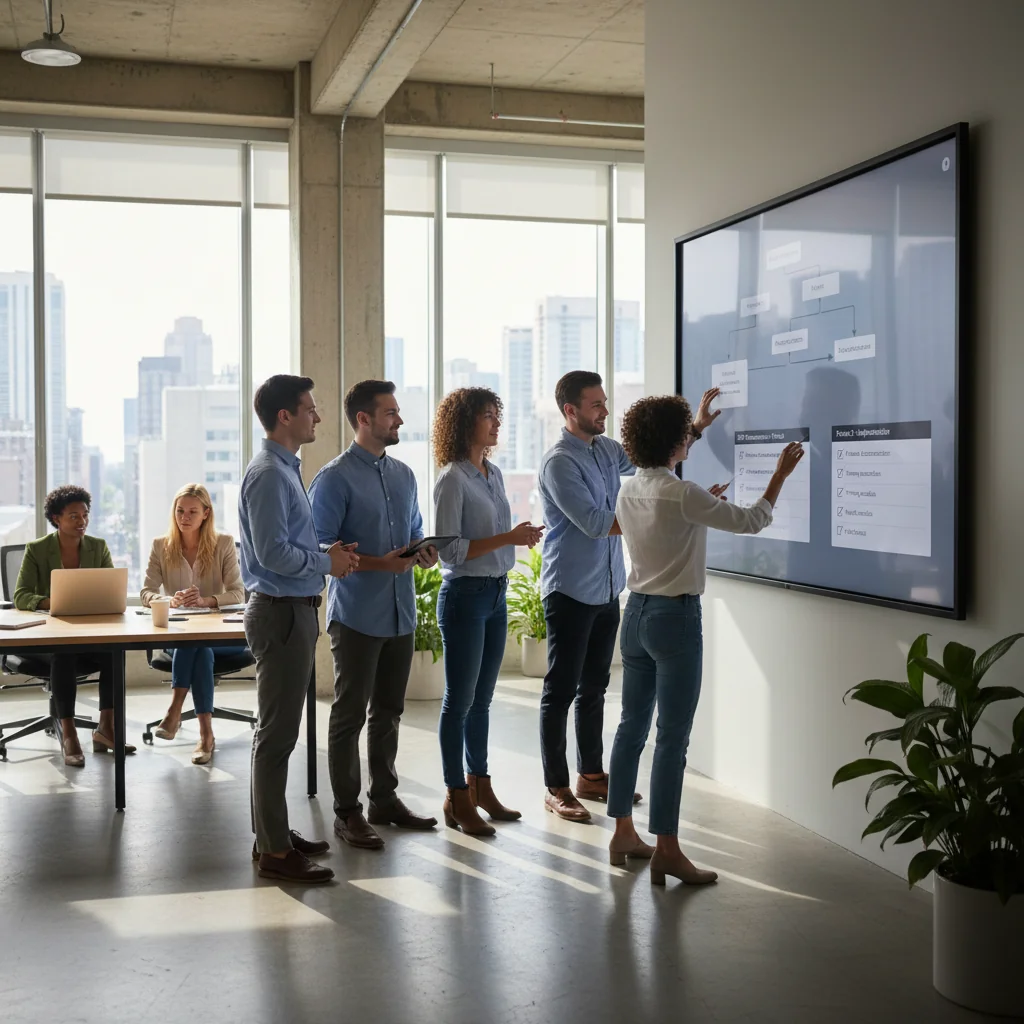 A photorealistic image of a professional business team in a modern office setting, collaboratively reviewing and organizing workflow processes on a large digital whiteboard, symbolizing the creation of standard operating procedures for efficient business operations, with adults only, no children present.