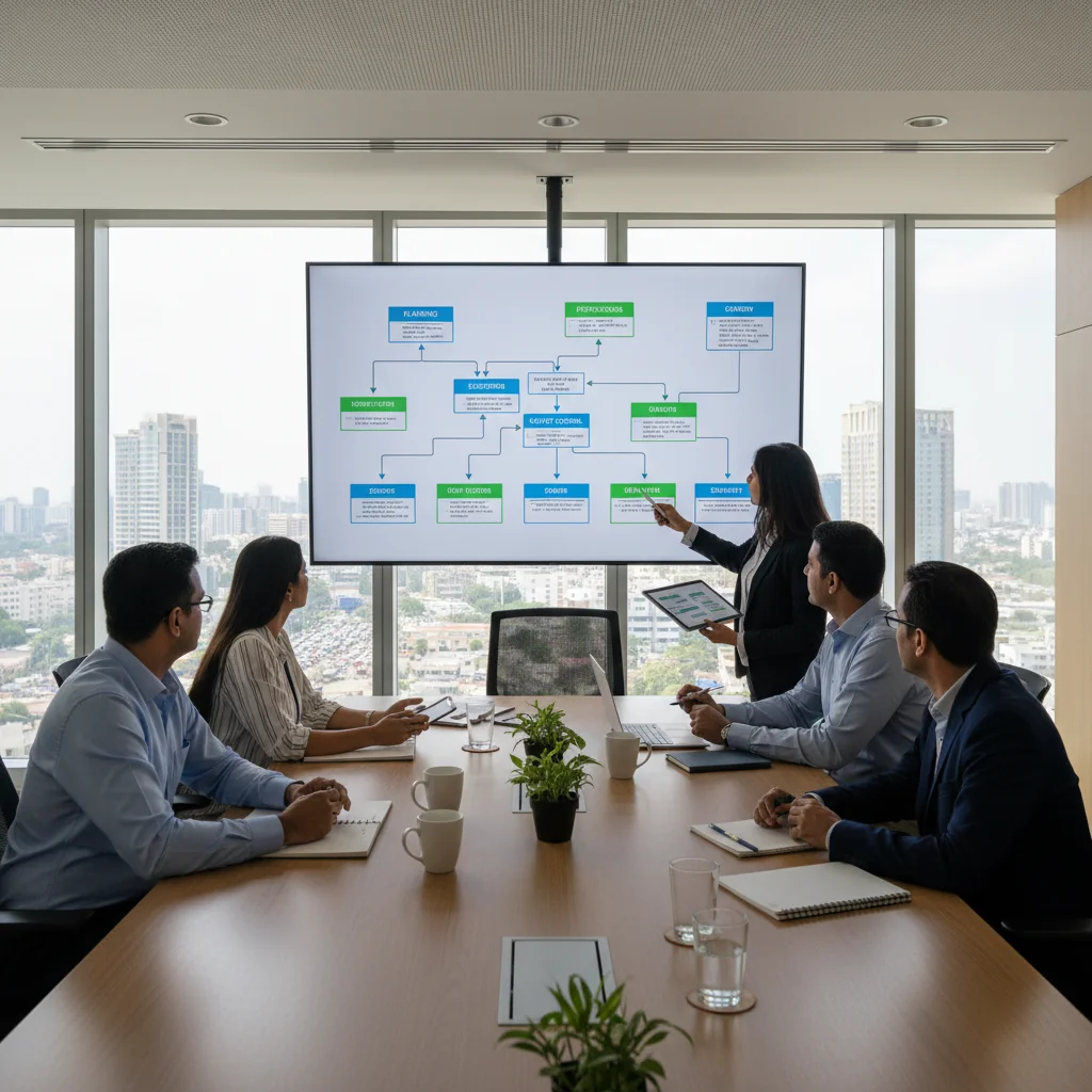 A photorealistic image depicting a professional team in a modern Indian office setting, collaboratively reviewing and implementing standardized procedures on a large screen, symbolizing efficient operations and compliance in business processes, with diverse adult Indian professionals engaged in discussion, no children present.