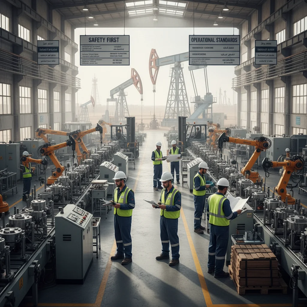 A photorealistic image depicting professionals in a modern Saudi Arabian industrial setting, such as workers in hard hats operating machinery in a factory or engineers reviewing operations on a tablet in an oil refinery, symbolizing standard operating procedures in Saudi industries, with no children present and no documents shown.
