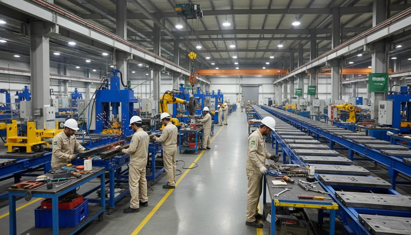 Engineers assembling machinery in Saudi factory.