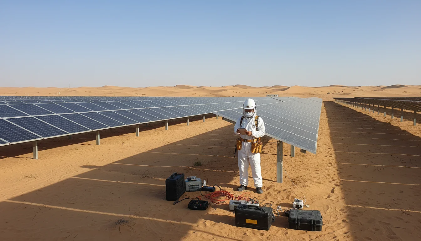 Technicians inspecting solar panels in desert.