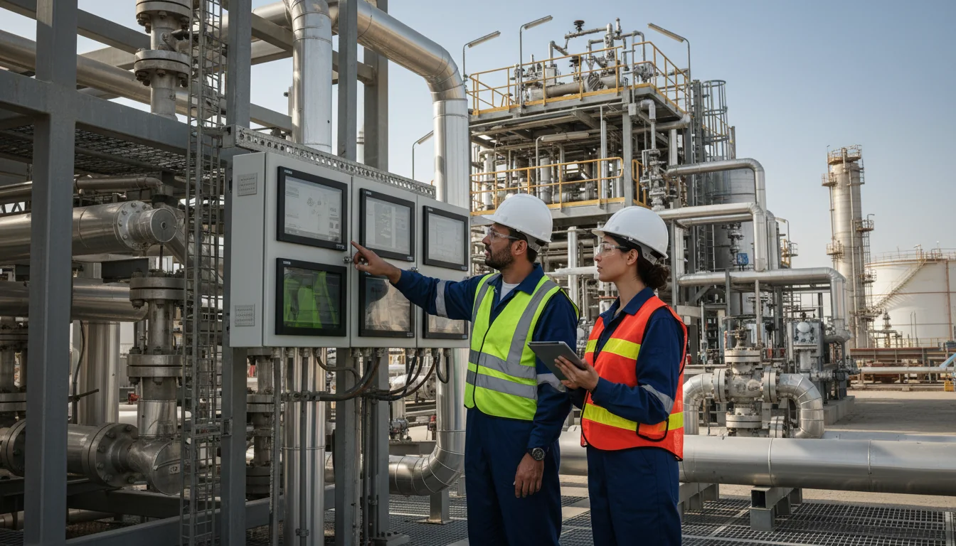 Workers monitoring oil extraction in Saudi refinery.