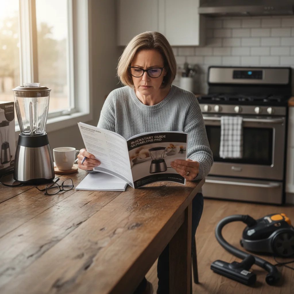 A photorealistic image of an adult person carefully reading the user manual of a household appliance, such as a washing machine, in a modern kitchen setting, emphasizing understanding and safe usage, with no children present.