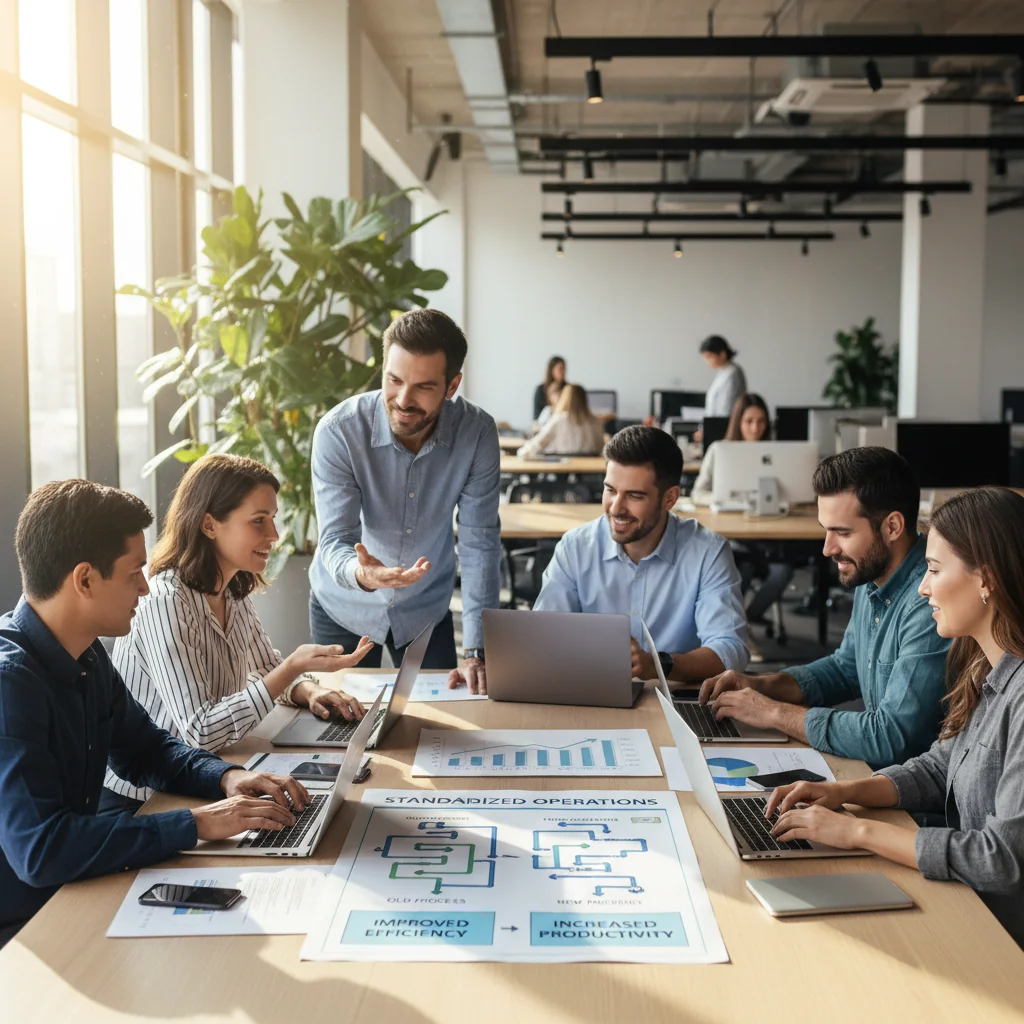 A photorealistic image of a professional business team in a modern office environment, collaboratively reviewing and implementing standardized operational processes on digital screens and charts, symbolizing efficiency and organization in business operations, with adults only, no children present.