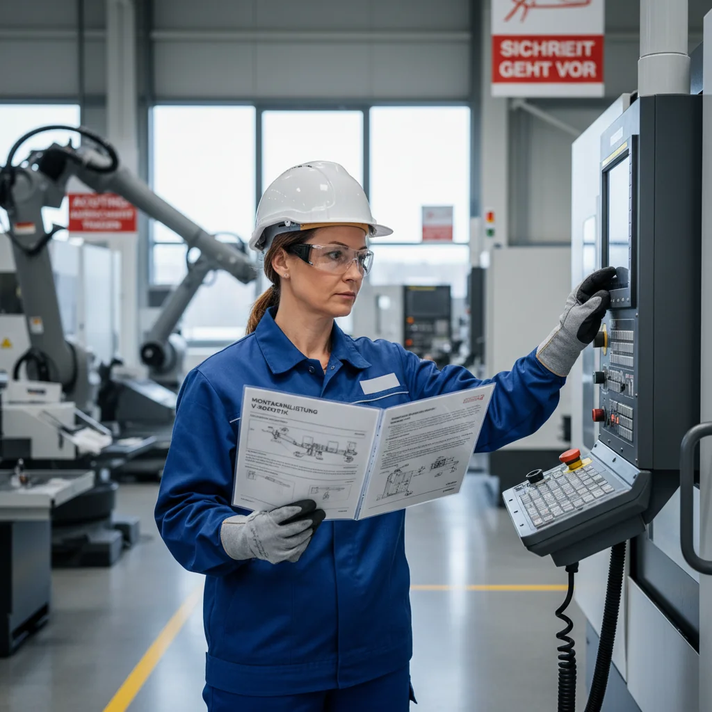 A photorealistic image of a professional adult worker in a modern German office environment, carefully reviewing safety instructions on a clipboard while performing a task, symbolizing the implementation of work instructions in a workplace setting.