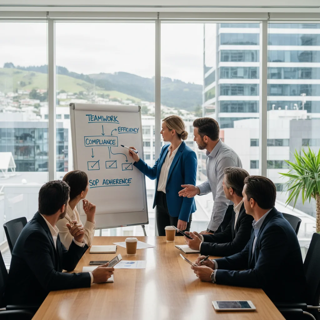 A photorealistic image of a professional business meeting in a modern New Zealand office, with diverse adult professionals discussing and reviewing standard operating procedures on a whiteboard, symbolizing compliance and organization in business operations. The scene captures the collaborative purpose of SOPs without focusing on documents themselves. No children are present.