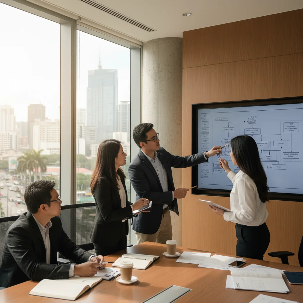 A photorealistic image of diverse adult professionals in a modern Philippine business office, collaborating around a conference table with laptops and charts, symbolizing the implementation of standard operating procedures for efficient business operations. The scene captures a vibrant, professional atmosphere with elements like Manila skyline in the background, ensuring no children are present.