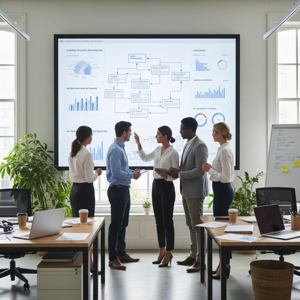 A photorealistic image of a professional business team in a modern office environment, collaboratively reviewing and optimizing a standardized workflow process on a large digital screen, symbolizing the role of standard operating procedures in enhancing business efficiency and organization. The scene includes diverse adult professionals engaged in discussion, with elements like flowcharts and process diagrams visible, but no actual documents or children present.