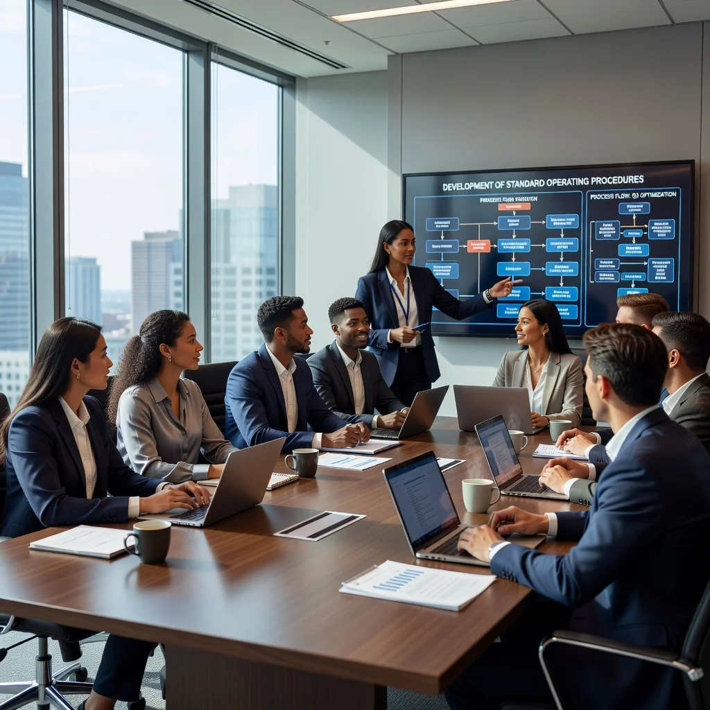 A photorealistic image of a professional business meeting in a modern US office, where a diverse group of adults is collaboratively reviewing and discussing operational processes on a large screen, symbolizing the creation and implementation of effective standard operating procedures. No children are present. The atmosphere is focused, productive, and organized.