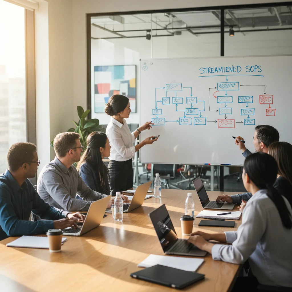 A photorealistic image of a professional business team in a modern office setting, collaboratively reviewing and organizing workflow charts on a large digital screen, symbolizing the creation and implementation of effective standard operating procedures to enhance company efficiency.