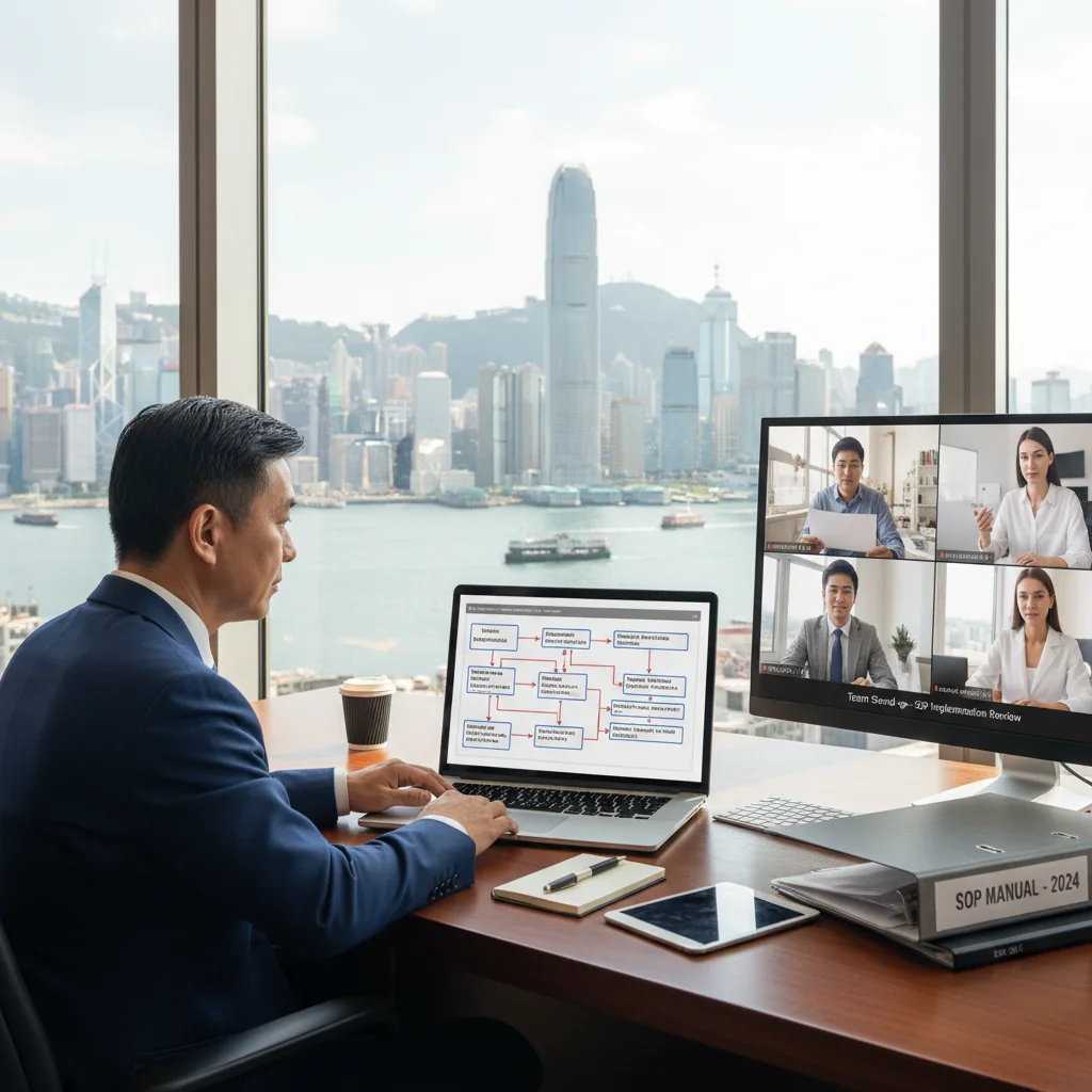 A photorealistic image depicting a professional in a modern office environment in Hong Kong, carefully reviewing and implementing standardized procedures on a computer screen, symbolizing the importance and application of SOPs in business operations. The scene includes elements like a city skyline view, professional attire, and organized workflow, conveying efficiency and compliance without focusing on documents themselves.