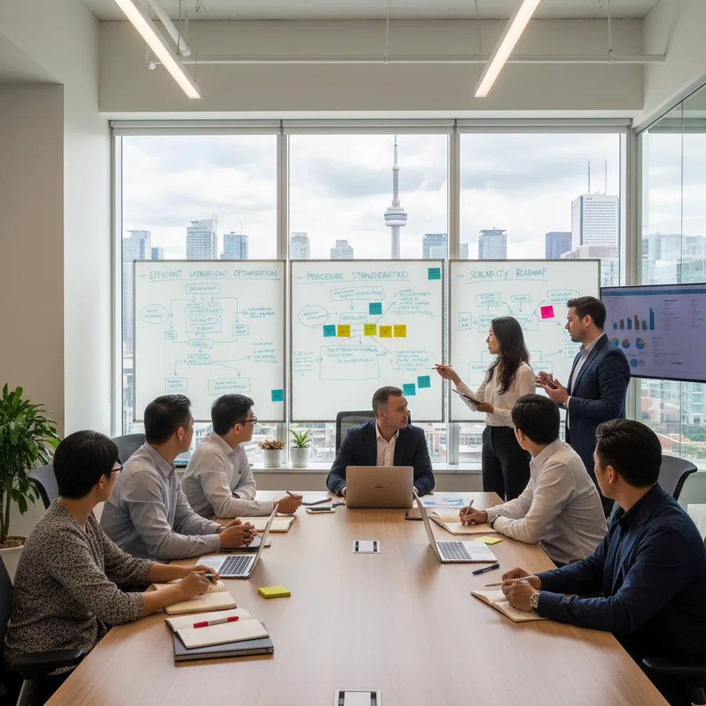 A photorealistic image depicting a professional team in a modern Canadian office setting, collaboratively reviewing and organizing business processes on a large whiteboard, symbolizing the development of standard operating procedures. The scene includes diverse adults in business attire, with elements like maple leaf motifs or Canadian urban skyline in the background to evoke Canada, no children present.