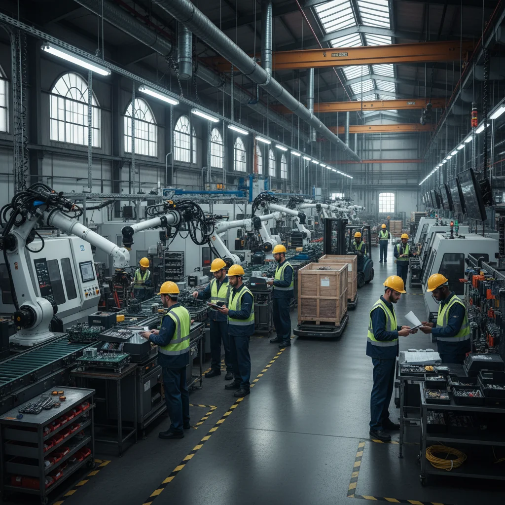 A photorealistic image of a modern manufacturing factory floor where adult workers are efficiently operating advanced machinery and assembly lines, following standardized procedures, with a focus on precision, safety, and productivity in an industrial setting, no children present.