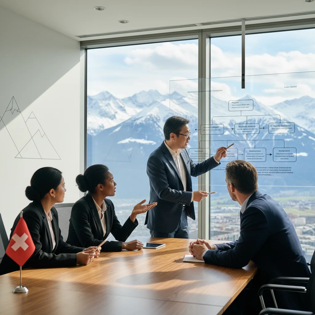 A photorealistic image of a professional business meeting in a modern Swiss office, where a diverse group of adult employees is collaboratively reviewing and implementing operational guidelines on a large digital screen, symbolizing the creation and execution of company procedures in a Swiss enterprise, with elements like Swiss flags or alpine views in the background to evoke the location, no children present.