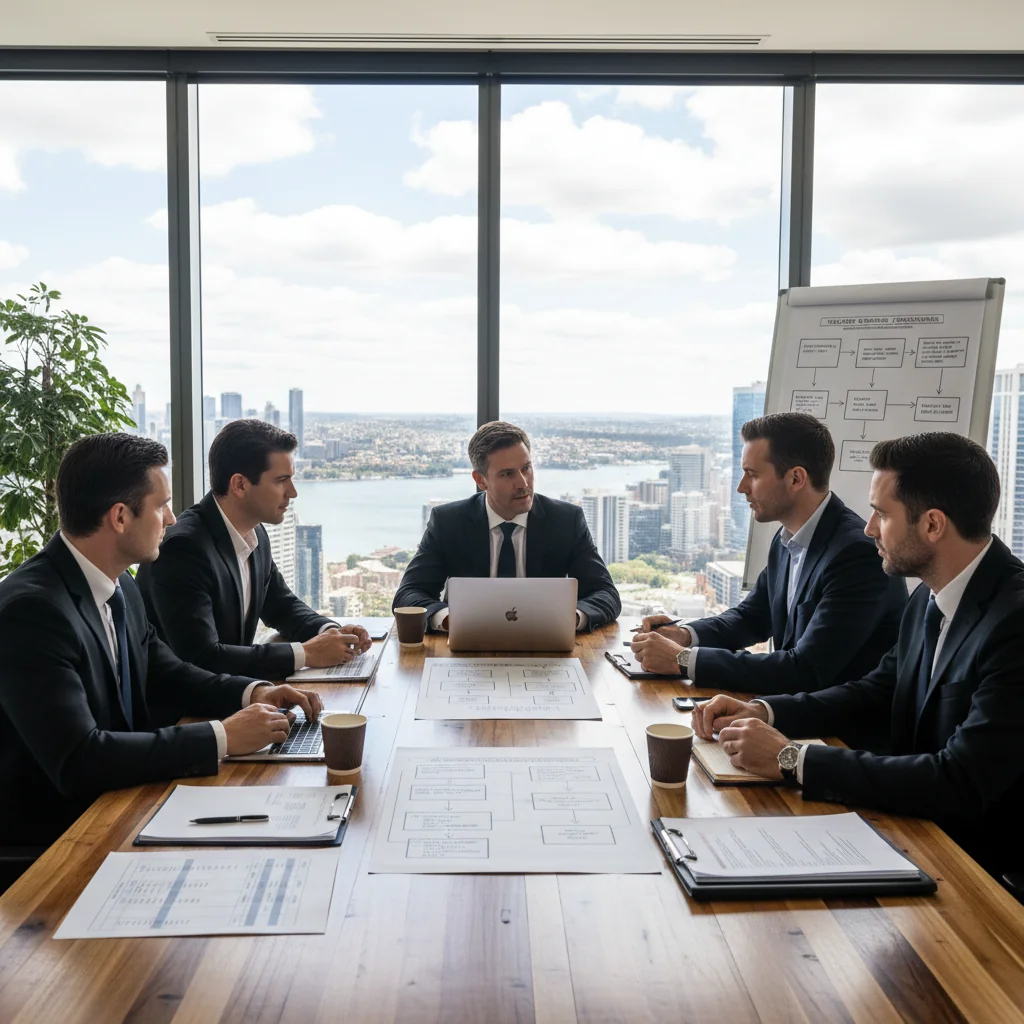 A photorealistic image depicting a professional business meeting in a modern Australian office, where a diverse group of adults is discussing standard operating procedures around a conference table with laptops and charts, symbolizing compliance and organization in a corporate setting, no children present.