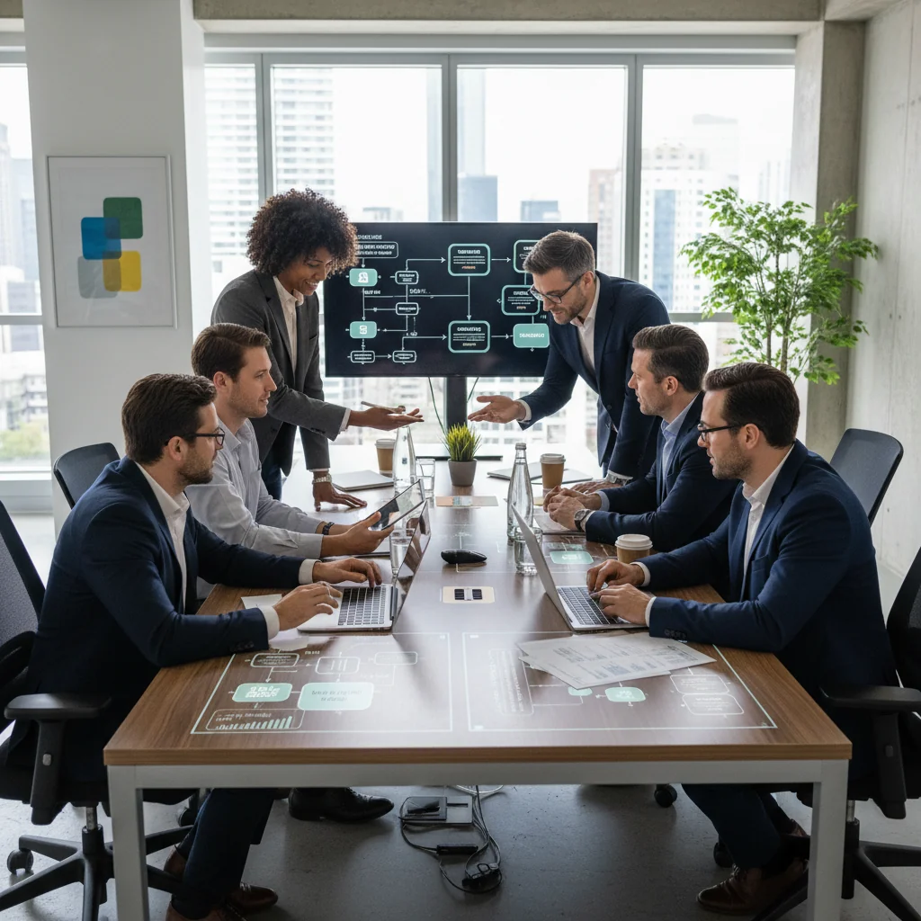 A photorealistic image of a professional business team in a modern office environment, collaboratively reviewing and implementing standardized processes on digital tablets and laptops, symbolizing effective standard operating procedures. Diverse adult professionals engaged in productive discussion around a conference table, with charts and workflow diagrams visible on screens, conveying organization and efficiency in corporate operations.