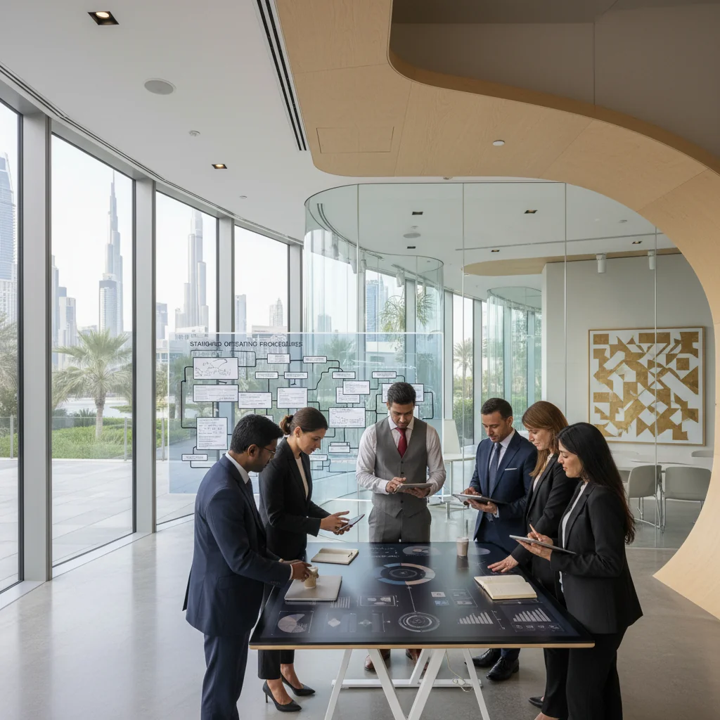 A photorealistic image of a diverse group of professional adults in a modern UAE office setting, collaboratively reviewing and implementing standardized operational procedures on digital tablets and screens, symbolizing efficiency and compliance in the Emirates business environment. The scene conveys organization, teamwork, and professional workflow without focusing on any documents.
