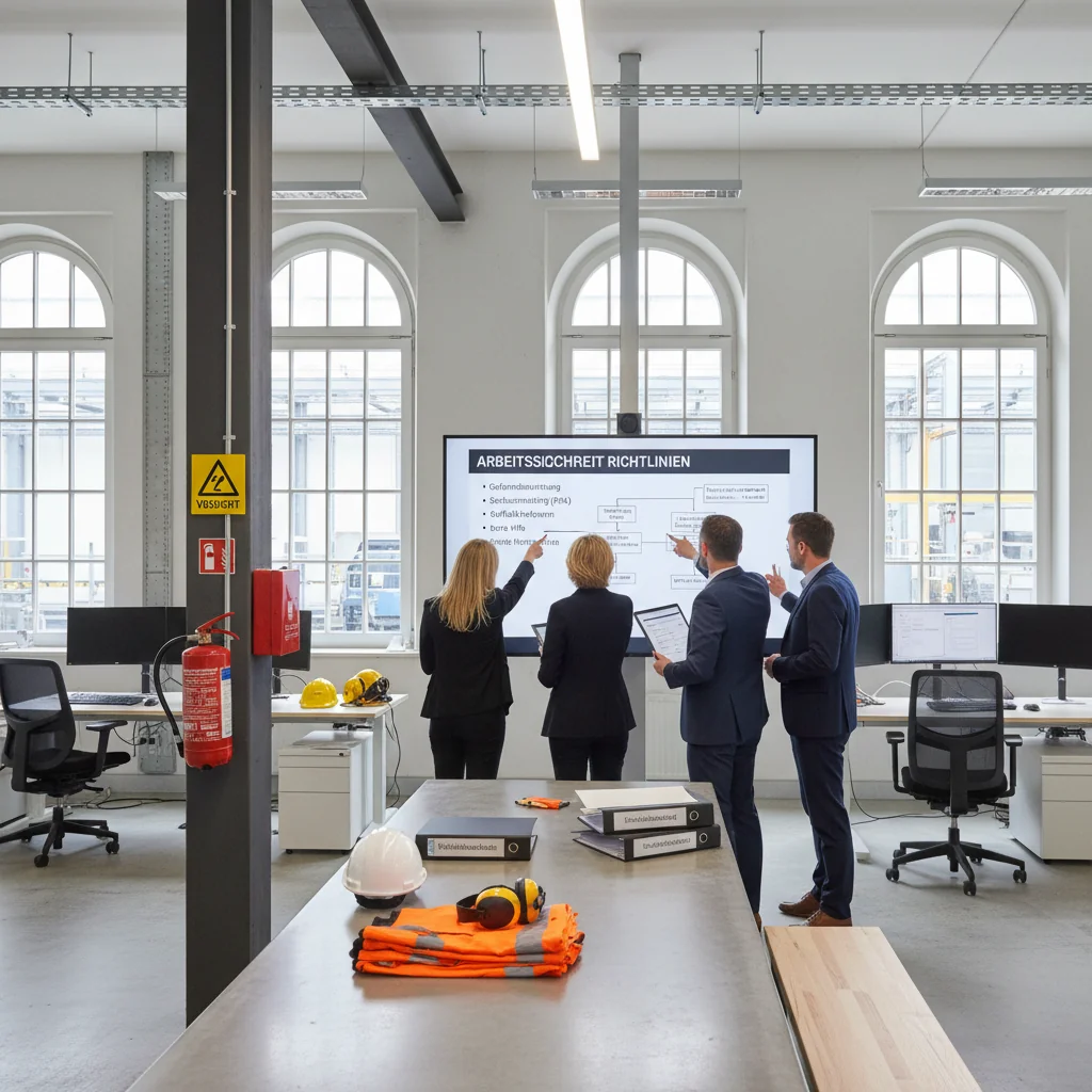 A photorealistic image depicting a diverse group of adult professionals in a modern German workplace, such as an office or factory setting, reviewing safety instructions on a digital screen or clipboard, emphasizing compliance with work protection laws, with elements like safety helmets, clear signage, and a focus on safe working environment, no children present, highly detailed and realistic.