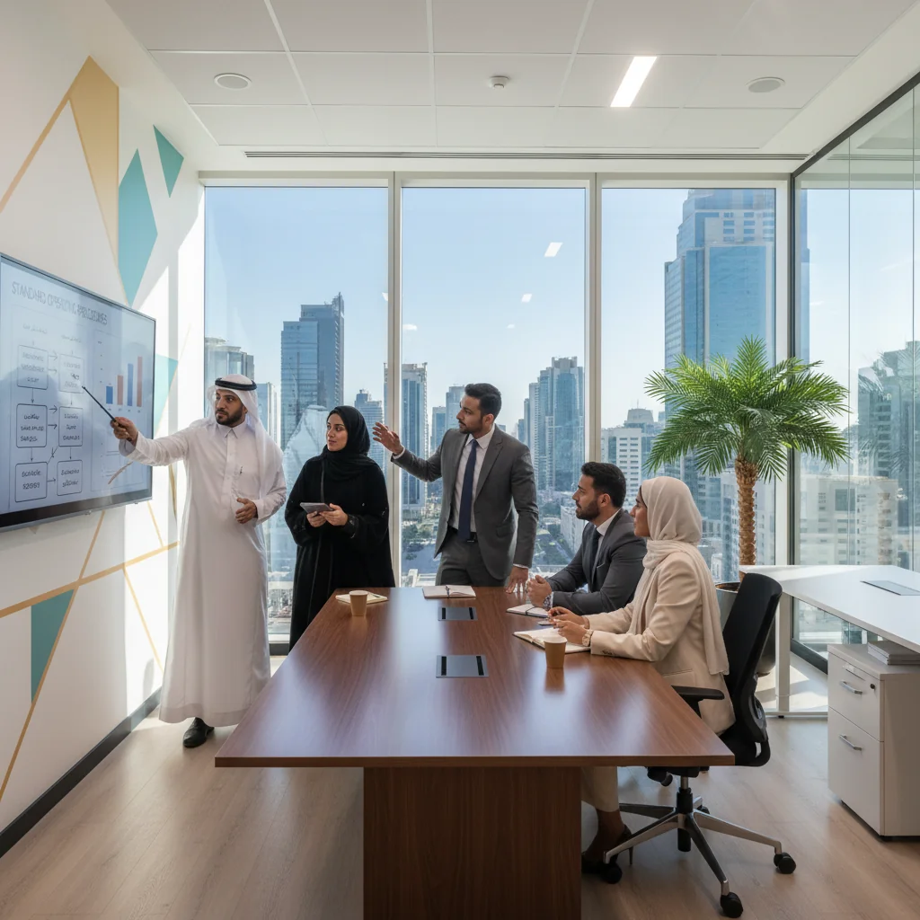 A photorealistic image of a professional business meeting in a modern Saudi Arabian corporate office, where a diverse group of adult Saudi professionals in traditional attire and business suits are collaboratively discussing and planning standard operating procedures on a whiteboard, symbolizing efficiency and organization in business operations, no children present.