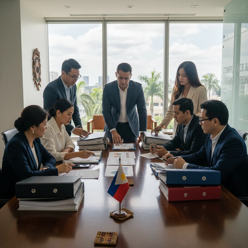 A photorealistic image of a diverse group of adult professionals in a modern Philippine office setting, engaged in a collaborative meeting, reviewing compliance documents on a table with Philippine flags and legal books in the background, symbolizing adherence to legal standards and standard operating procedures.