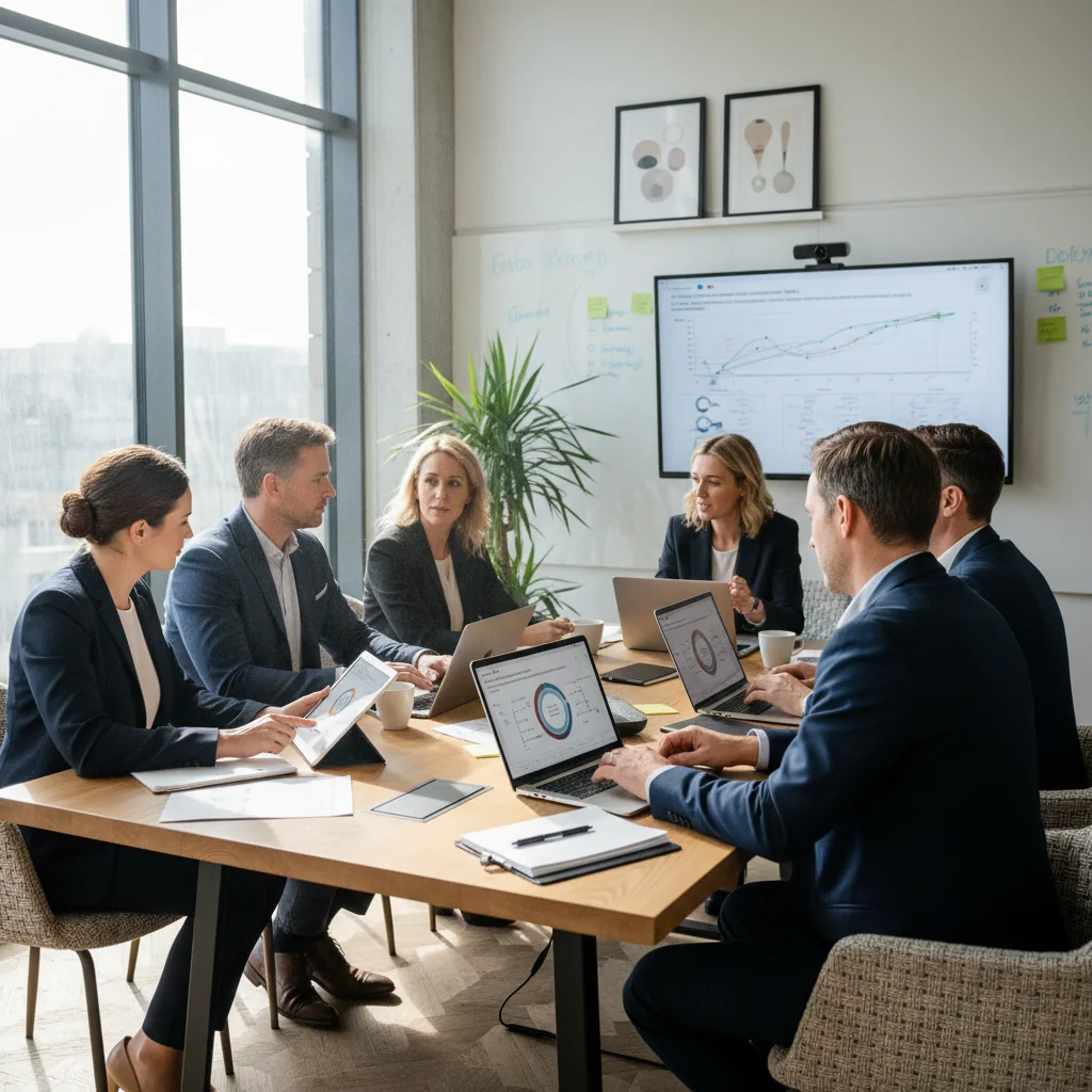 A photorealistic image of a diverse team of adult professionals in a modern UK office setting, collaboratively reviewing and implementing standard operating procedures on digital tablets and laptops, symbolizing efficiency and best practices in business operations. The atmosphere is professional and productive, with elements like Union Jack flags or British office aesthetics in the background.