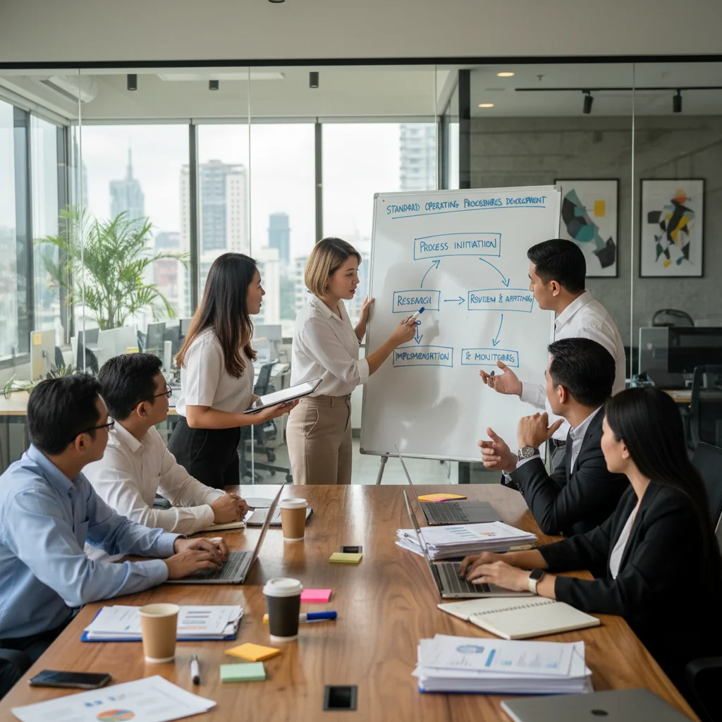 A photorealistic image of a professional business team in a modern Philippine office setting, collaboratively reviewing and organizing standardized processes on a whiteboard, symbolizing the creation of standard operating procedures, with diverse adult Filipino professionals engaged in discussion, no children present.