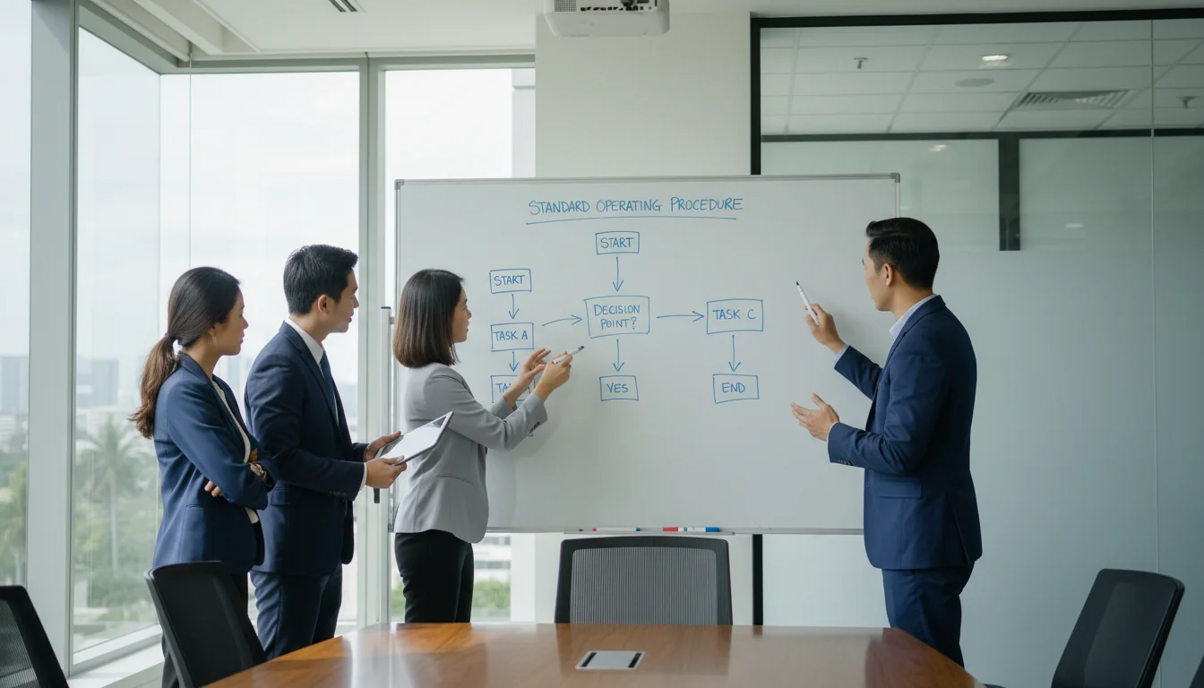 Team reviewing SOP flowchart