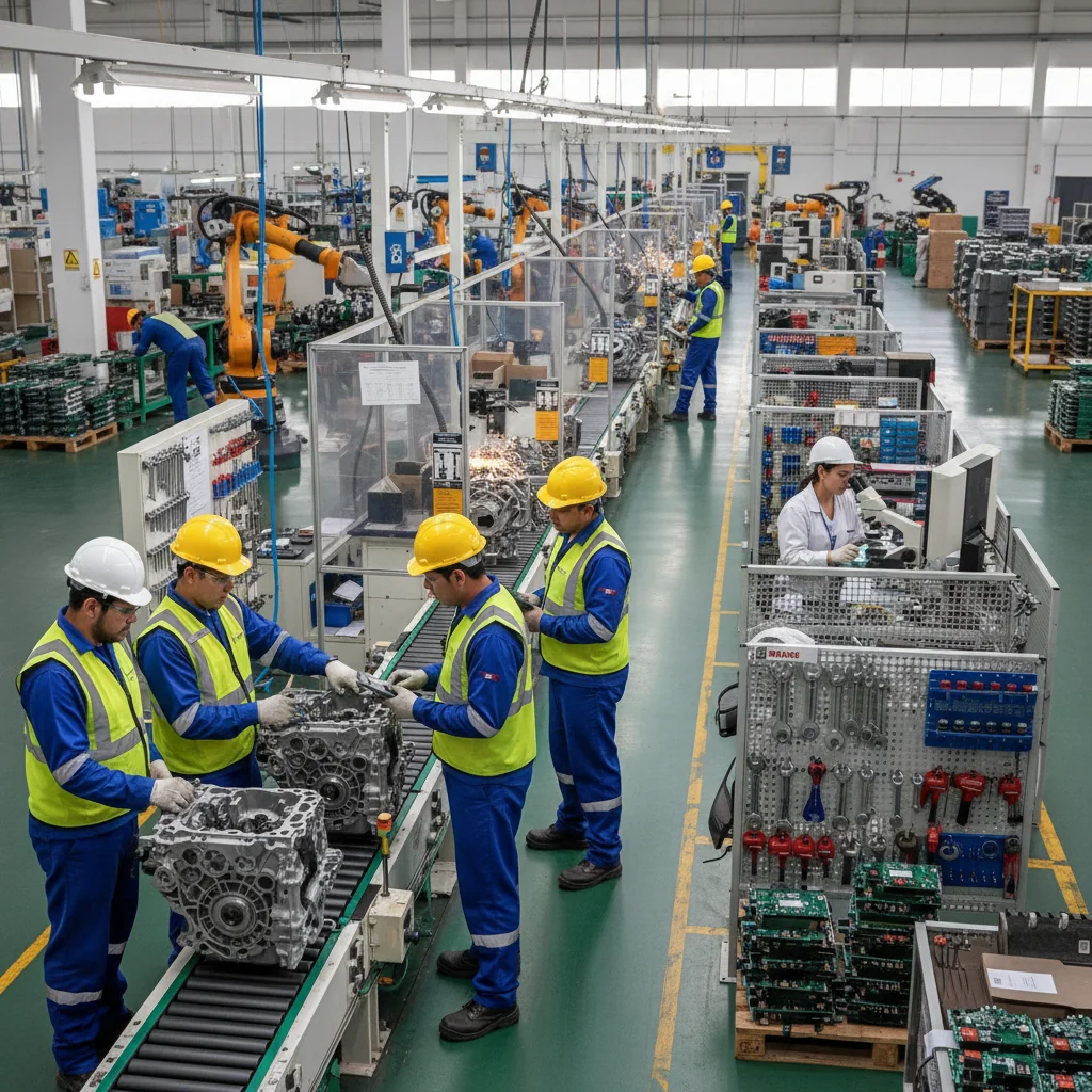A photorealistic image of adult workers in a modern Mexican manufacturing factory, operating machinery and following safety procedures, symbolizing standard operational practices in the manufacturing sector.