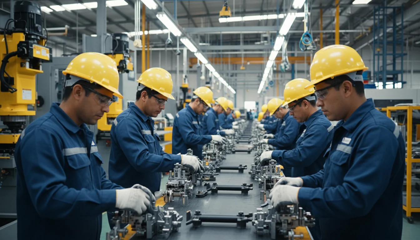 Workers assembling car parts on factory line