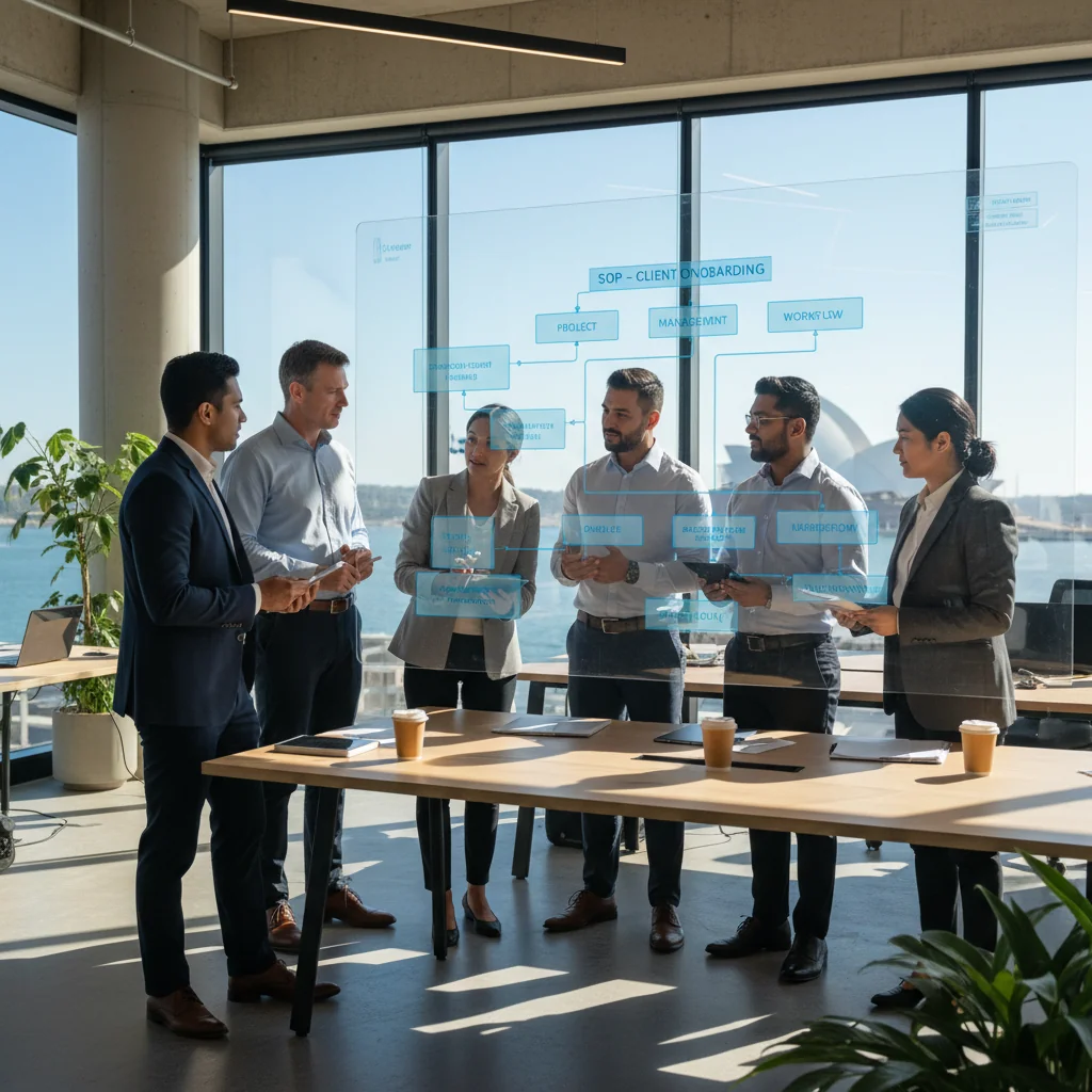 A photorealistic image of a diverse team of adult professionals in a modern Australian office setting, collaboratively reviewing and organizing business processes on a large digital whiteboard, symbolizing the creation of effective standard operating procedures for Australian businesses. The scene conveys efficiency, teamwork, and professionalism, with elements like Australian flags or Sydney skyline in the background for localization.