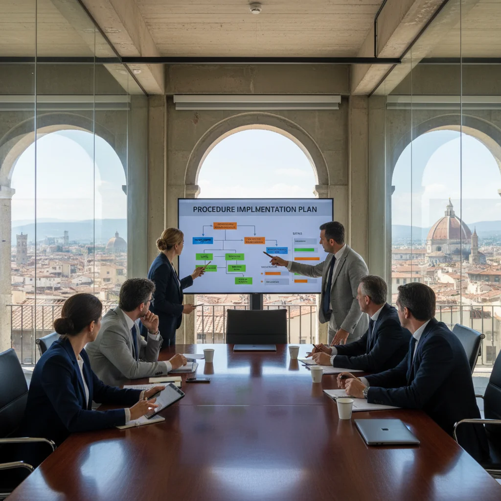 A photorealistic image of a professional business meeting in a modern Italian office, where a diverse group of adults is collaboratively reviewing and discussing standardized operational procedures on a large screen, symbolizing efficiency and organization in workplace processes, with Italian cultural elements like a map of Italy in the background. No children are present.
