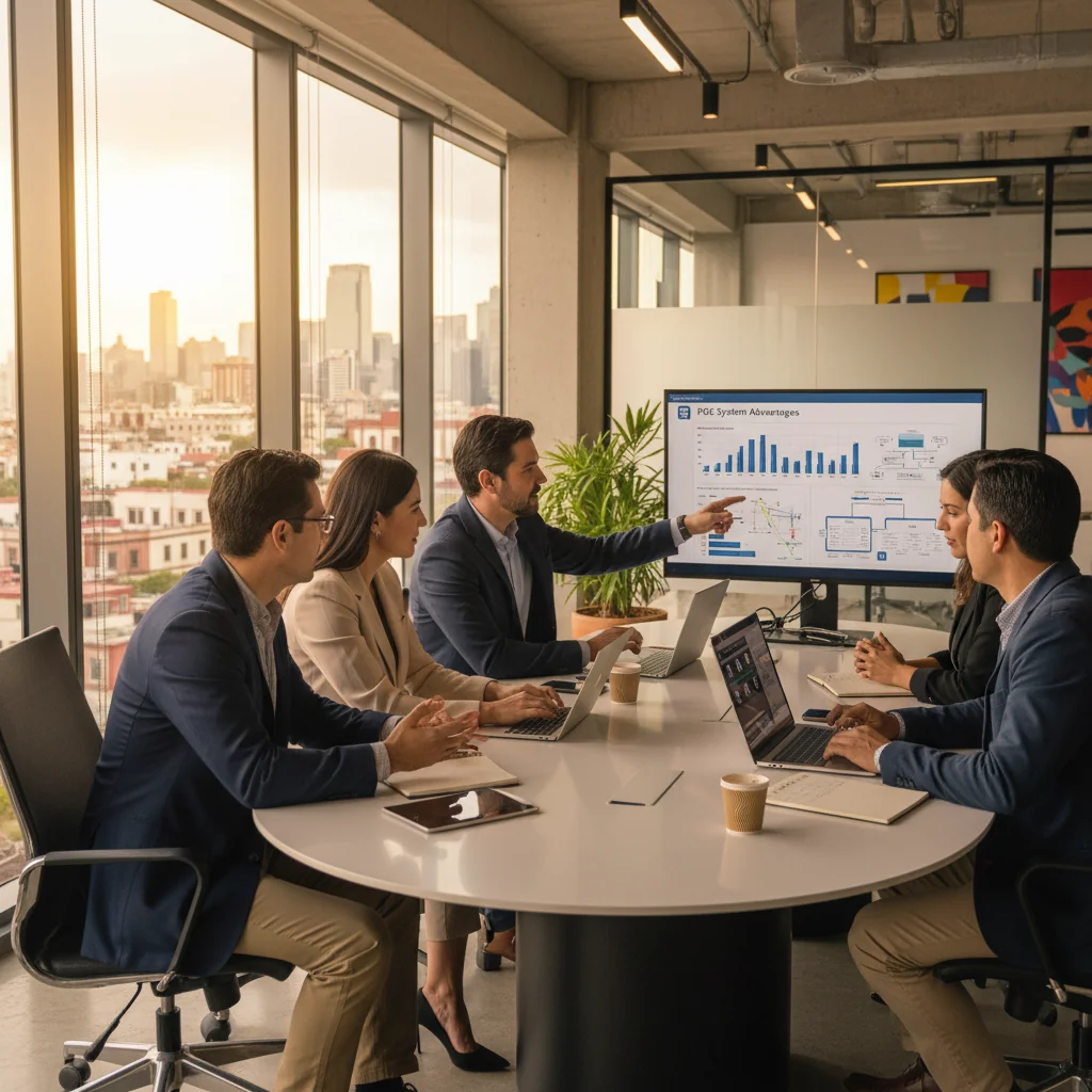 A photorealistic image of a diverse group of Mexican business professionals in a modern office setting in Mexico City, collaborating on a project around a table with laptops and charts, symbolizing the benefits of implementing Point of Entry (POE) systems for efficiency and security in Mexican companies. The atmosphere is positive and professional, with elements like Mexican cultural touches such as vibrant colors or subtle national symbols in the background. No children are present in the image.
