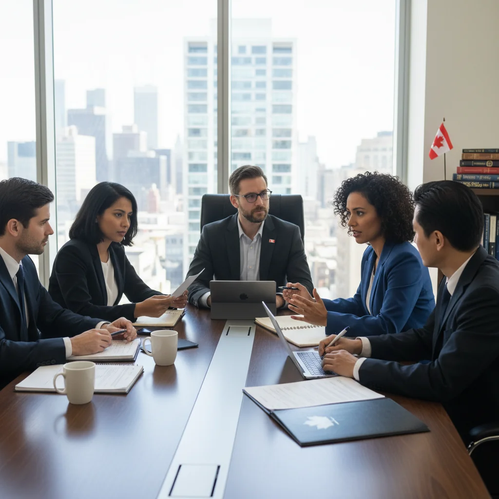 A photorealistic image of a professional business meeting in a modern Canadian office, with adults discussing compliance and legal standards around a conference table, symbolizing the importance of standard operating procedures (SOPs) in businesses. No children are present.