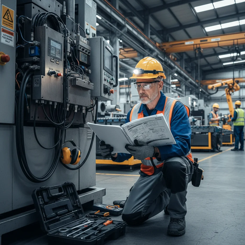 A photorealistic image of an adult professional carefully reading a user manual while operating complex machinery in an industrial workshop, symbolizing adherence to operational instructions and safety guidelines.