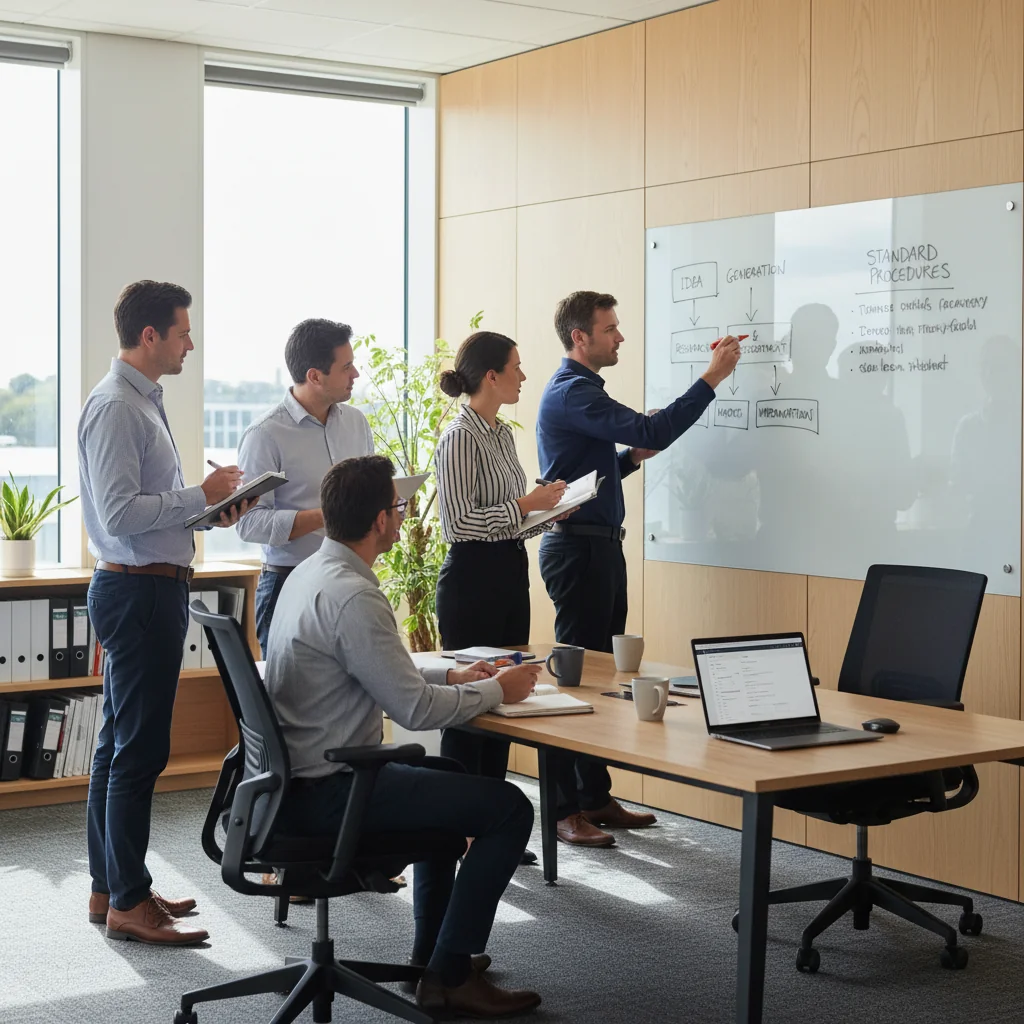 A photorealistic image of a diverse team of professionals in a modern New Zealand office, collaboratively reviewing and organizing business processes on a large whiteboard, symbolizing the creation and implementation of standard operating procedures. The scene captures efficiency, teamwork, and professionalism, with elements like the New Zealand flag subtly in the background. No children are present.