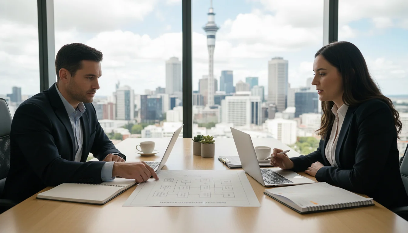 Business professionals drafting SOP document