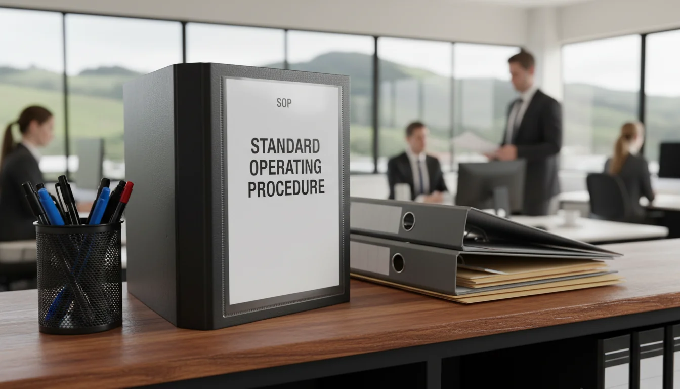 Completed SOP binder on office shelf