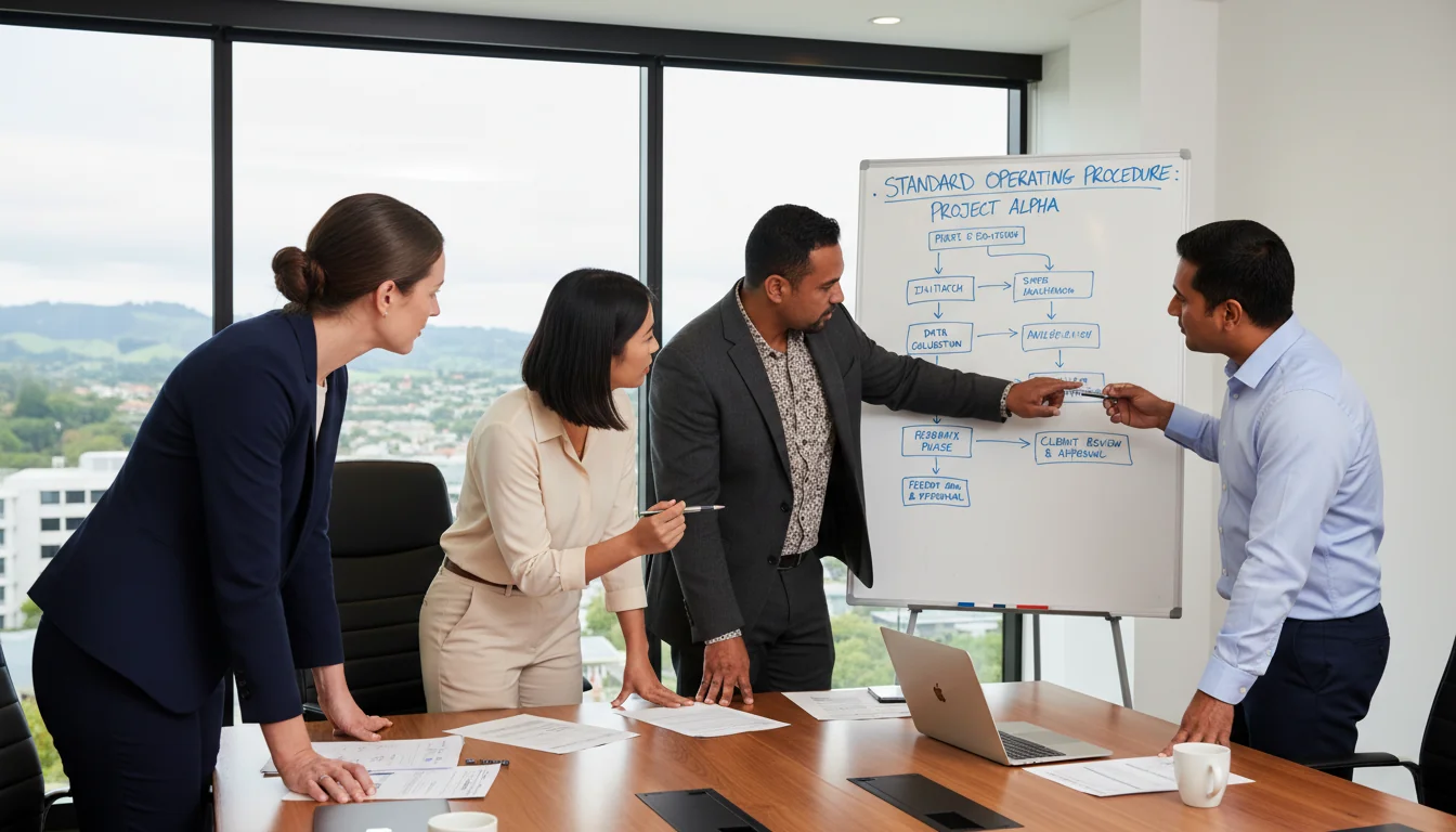 Team reviewing SOP flowchart collaboratively