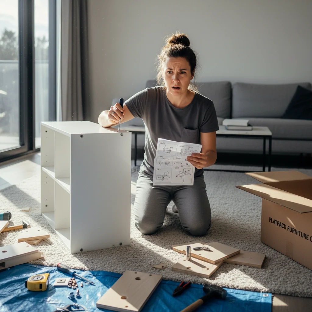 A photorealistic image illustrating common mistakes in using product manuals, showing an adult person in a home setting struggling with assembling furniture or operating an appliance, looking frustrated while holding a manual, emphasizing the importance of following instructions correctly without focusing on the document itself.