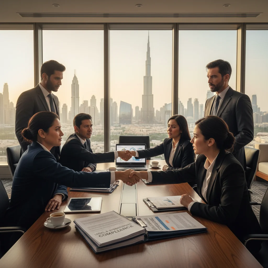 A professional business meeting in a modern UAE office, with diverse adults in formal attire discussing compliance documents around a conference table, symbolizing adherence to standard operating procedures under UAE laws. The atmosphere is collaborative and professional, with UAE flag subtly in the background.