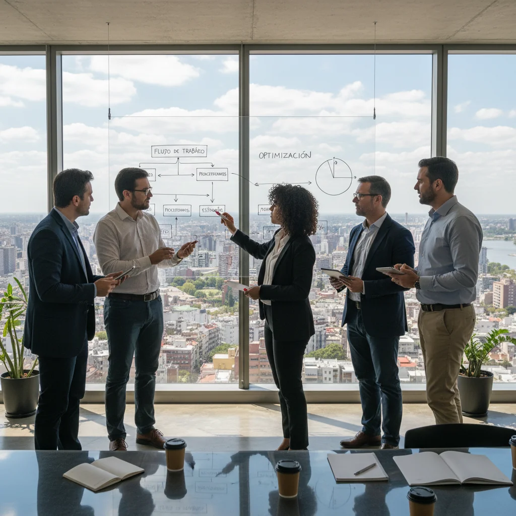 A photorealistic image of a professional business meeting in a modern Argentine office, with adults discussing and organizing operational procedures on a whiteboard, symbolizing the creation of standard operating procedures.