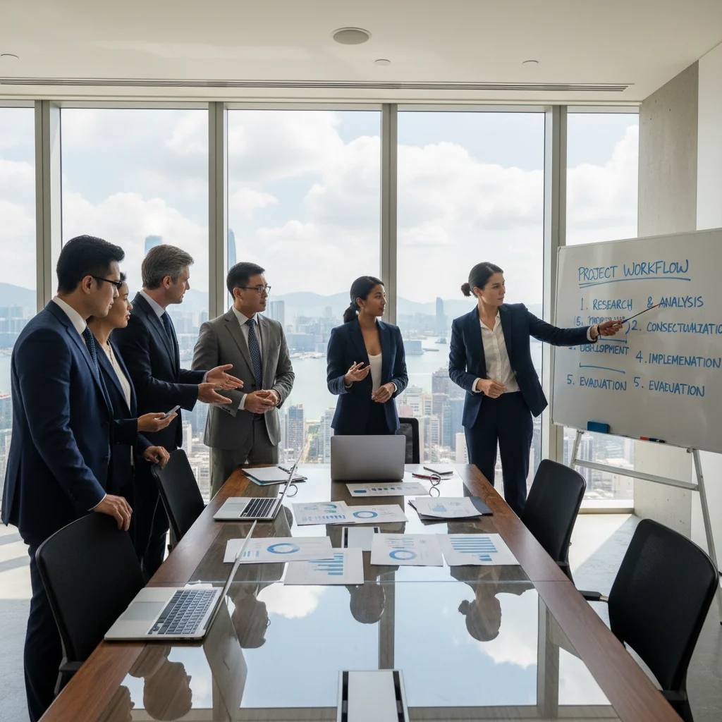 A photorealistic image of a professional business meeting in a modern Hong Kong office, showing diverse adult professionals discussing and implementing standard operating procedures on a whiteboard, symbolizing effective organization and efficiency in a corporate environment.