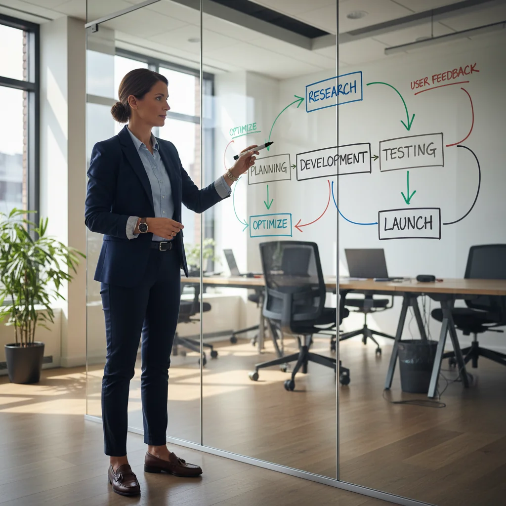 A photorealistic image depicting a professional in a modern office environment, methodically organizing a workflow on a large whiteboard, symbolizing the creation of a step-by-step work instruction guide. The scene conveys efficiency, clarity, and structured processes without focusing on any documents.