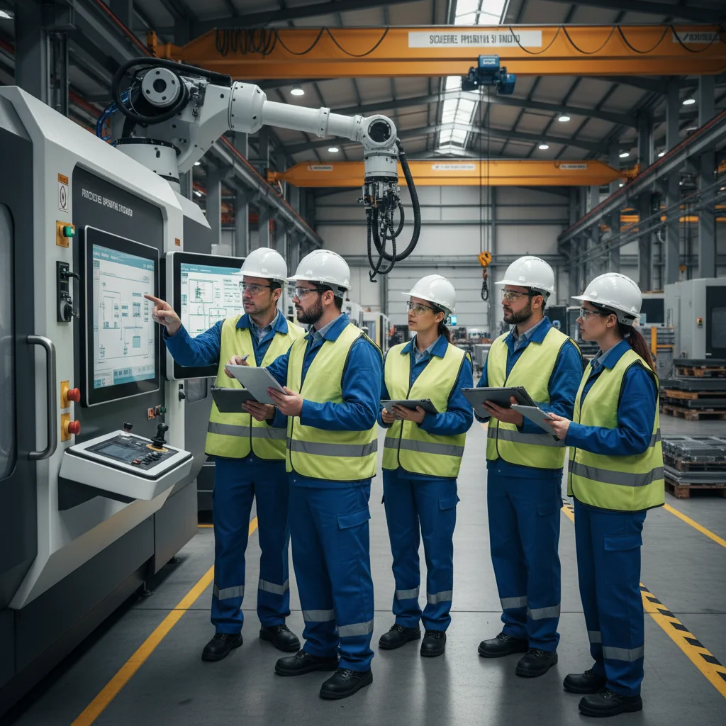 A photorealistic image depicting a group of adult professionals in an Italian industrial factory setting, engaged in a collaborative discussion over standard operating procedures on a large screen or whiteboard, emphasizing safety, efficiency, and teamwork in manufacturing.