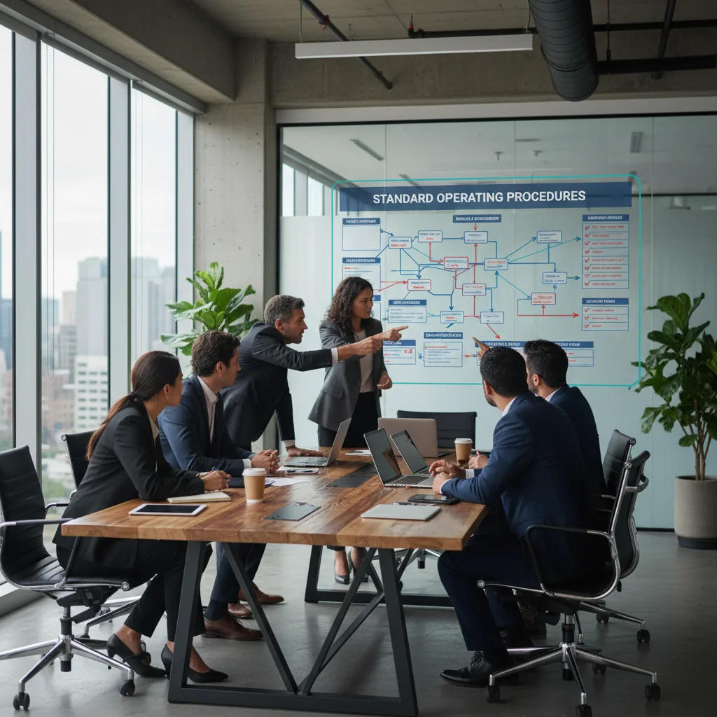 A photorealistic image of a professional business team in a modern office setting, collaboratively reviewing and discussing standardized operational procedures on a large digital screen, symbolizing efficiency, organization, and teamwork in a corporate environment. No children are present in the image.