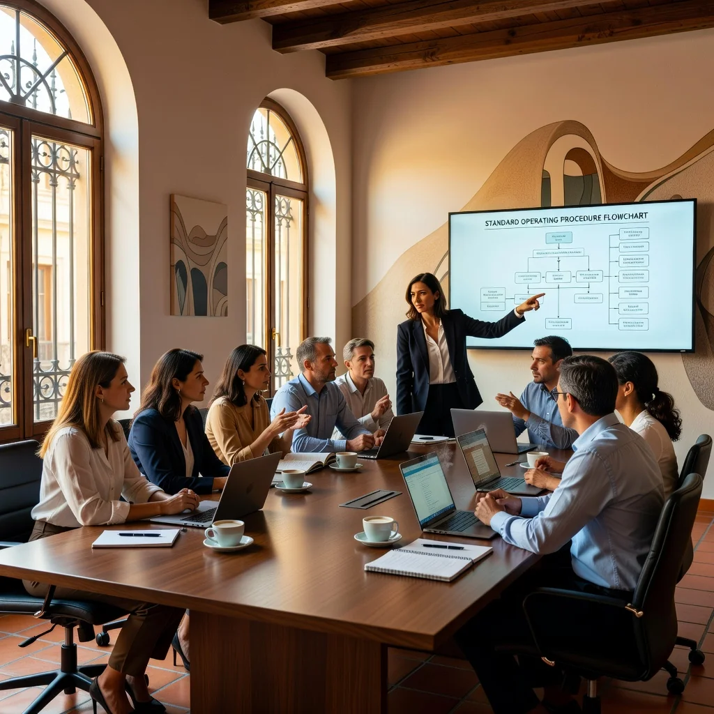 A photorealistic image of a professional business meeting in a modern Spanish office, where a diverse group of adult colleagues is collaboratively reviewing and discussing a standard operating procedure document on a large screen, symbolizing organization and efficiency in business operations, with no children present.