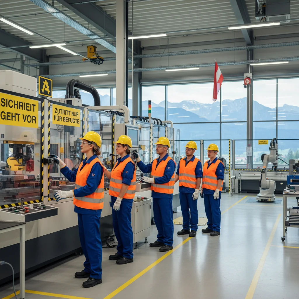 A photorealistic hero image depicting workplace safety in an Austrian company, showing a diverse group of adult employees in a modern industrial setting, wearing protective gear like helmets and vests, engaging in safe work practices such as using machinery with guards and following protocols, with subtle Austrian elements like alpine views in the background, emphasizing importance and professionalism without any documents visible.