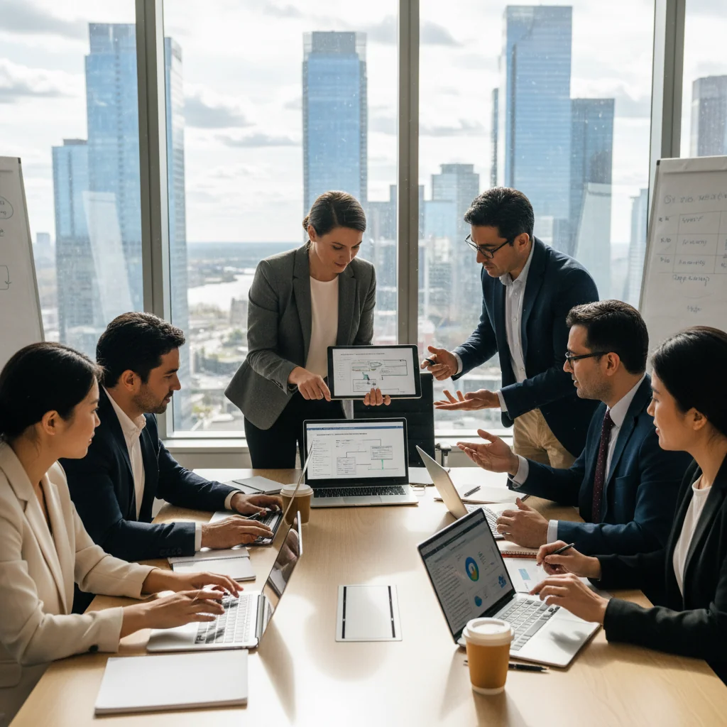 A photorealistic image of a professional team in a modern Canadian office setting, collaboratively reviewing and implementing standard operating procedures on digital tablets and laptops, symbolizing best practices for SOPs in Canada. Diverse adults in business attire, with elements like maple leaf motifs or Canadian landmarks subtly in the background, conveying efficiency and organization.