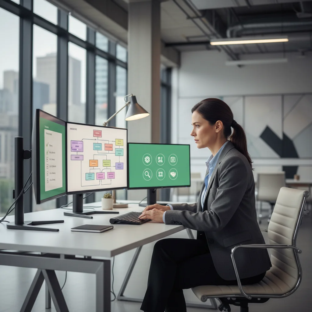 A photorealistic image of a professional in a modern office environment, meticulously following a structured workflow on a computer, symbolizing the precision and importance of standard operating procedures in a business setting. The scene conveys efficiency, organization, and reliability without focusing on documents.